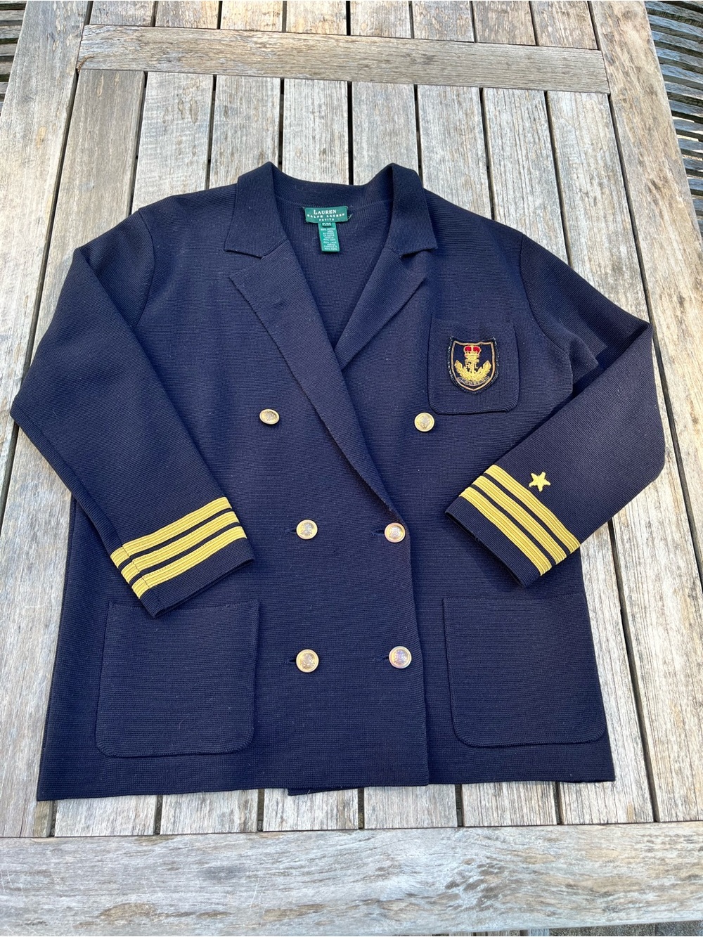 RALPH LAUREN. VINTAGE NAVY BLUE MERINO WOOL SWEATER JACKET. MEDIUM. CREST.